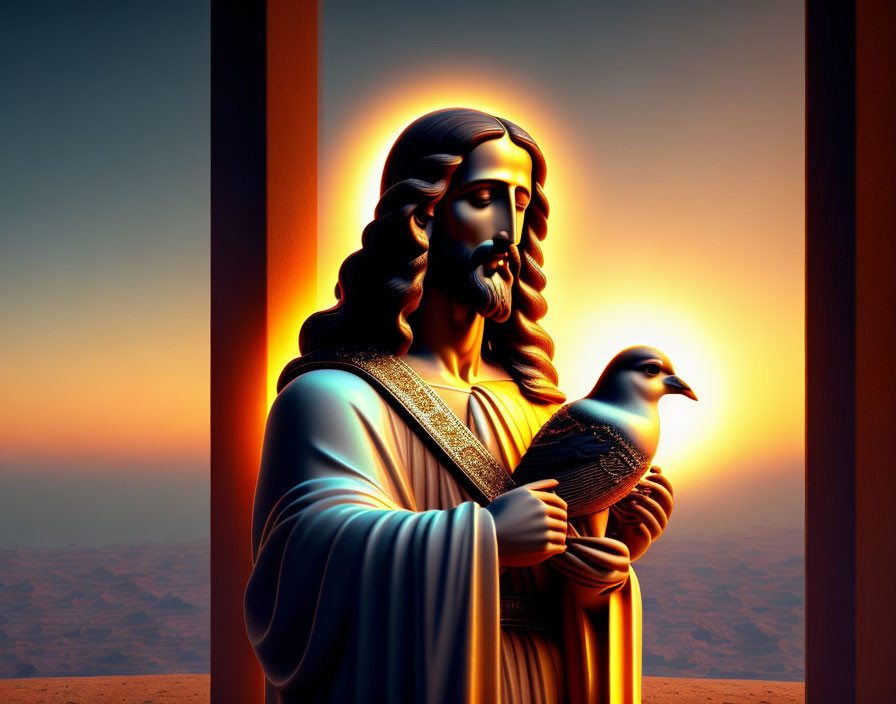 Religious figure holding dove in desert landscape with warm light