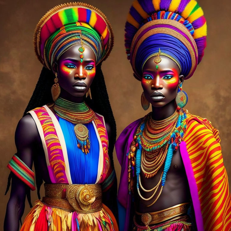 Vibrant traditional African attire on two women against brown background