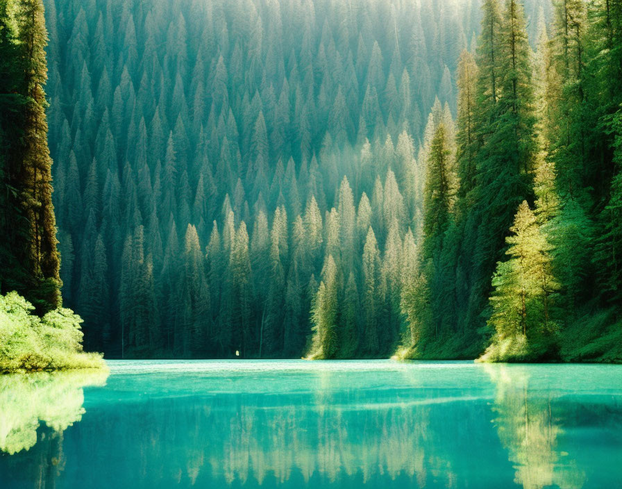 Tranquil Turquoise Lake Amid Pine Forest Mist