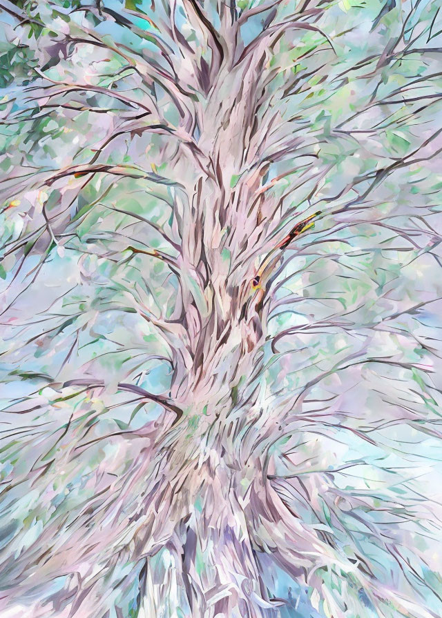 Impressionistic painting of twisted tree with green leaves