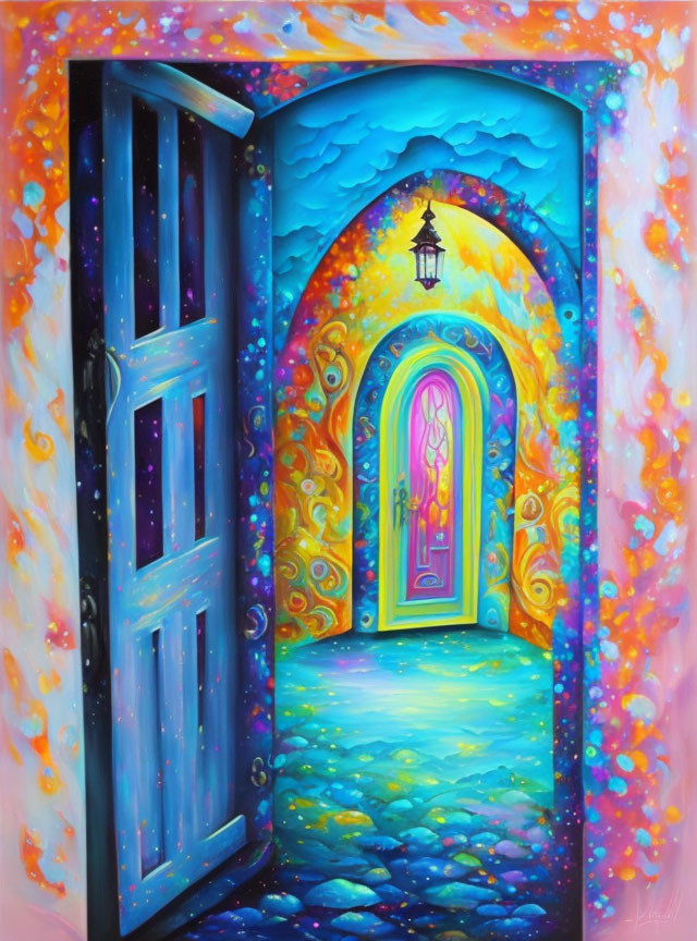 Colorful painting of open doors in diminishing perspective with unique designs, leading to glowing pink door