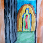 Colorful painting of open doors in diminishing perspective with unique designs, leading to glowing pink door