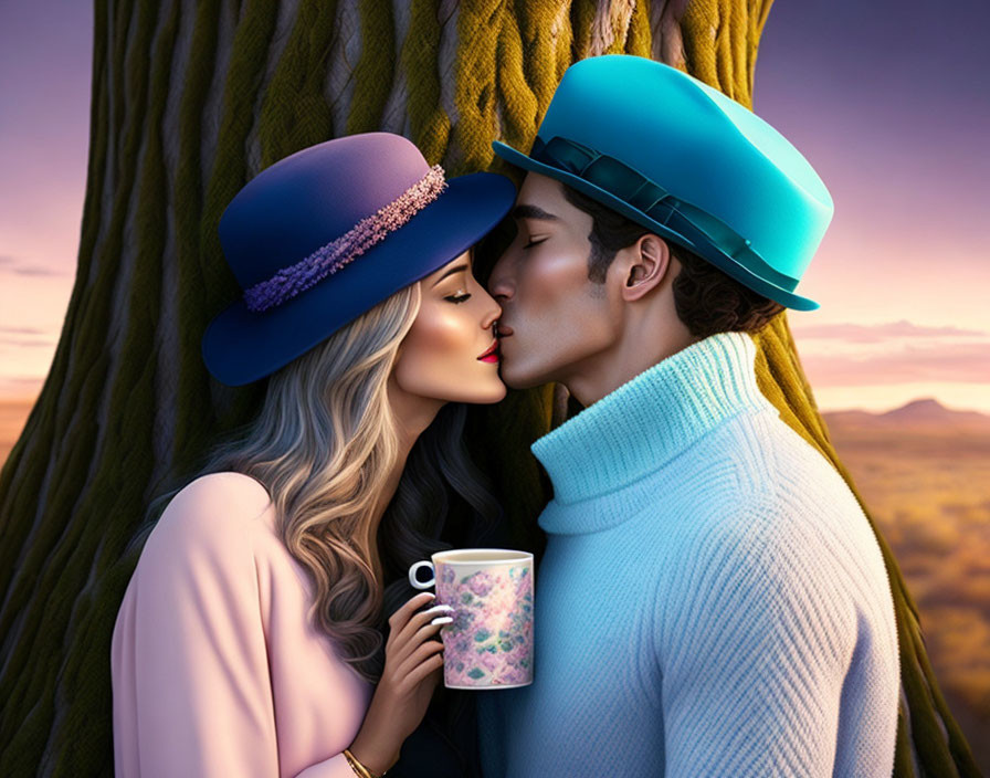 Romantic couple kissing by tree at dusk with floral mug & hats