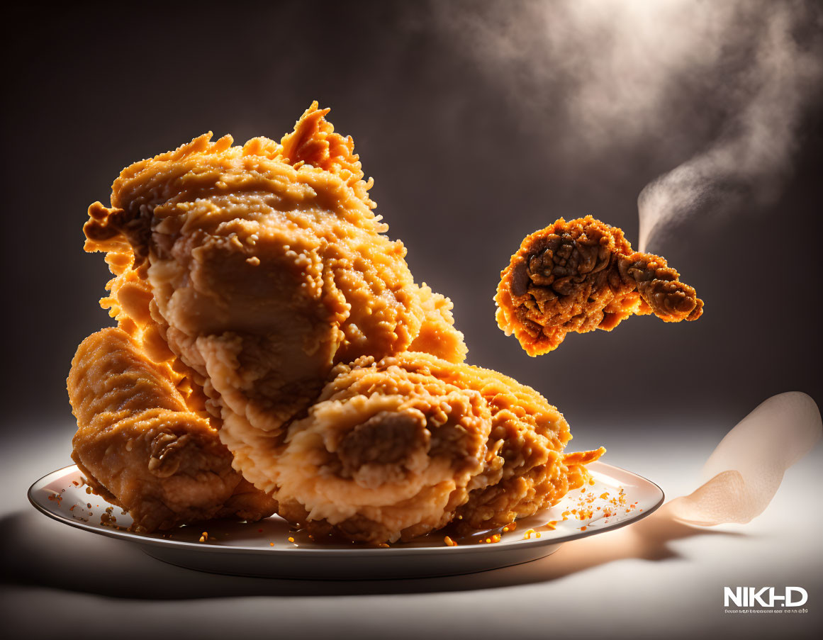 Crispy Fried Chicken Pieces on Plate with Smoky Background