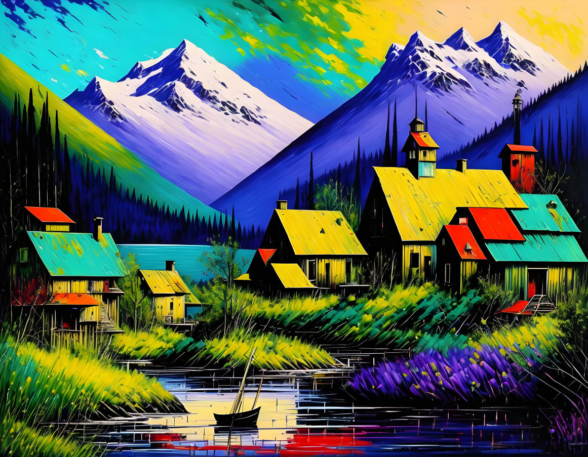 Vibrant mountain village scene with colorful houses by a lake