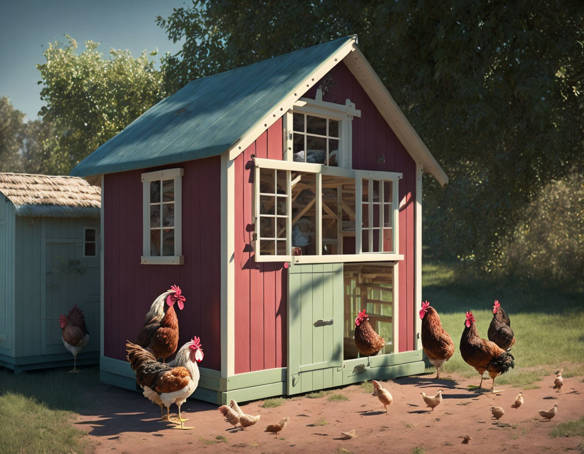 Pink chicken coop with blue roof and white trimmings in outdoor setting with chickens