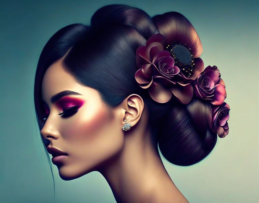 Detailed digital artwork of woman with elaborate hairstyle and vibrant pink eyeshadow.