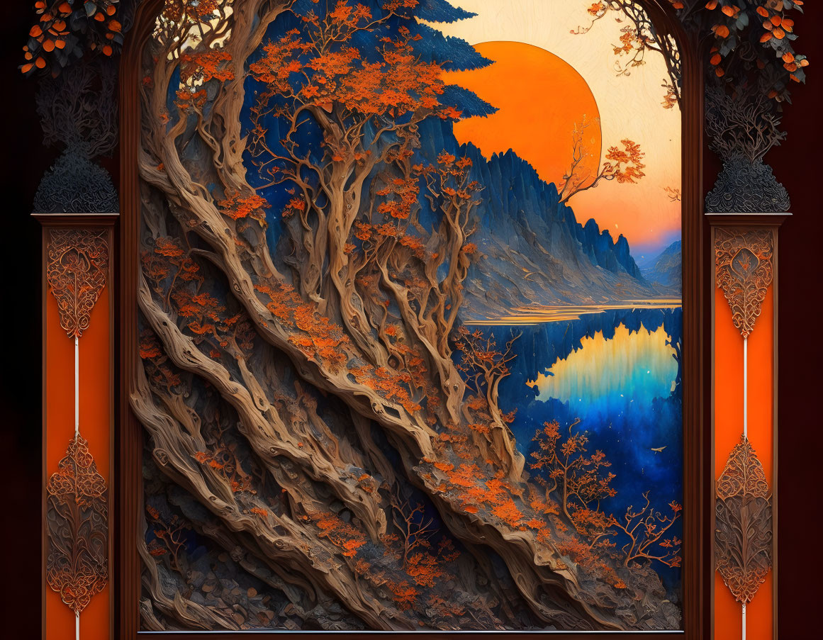 Vibrant sunset over serene lake with detailed trees and ornate borders