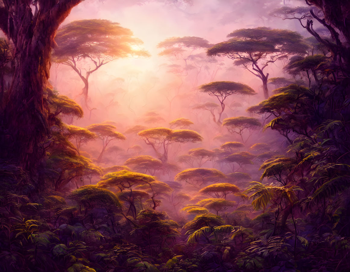 Misty dense forest at sunrise with vibrant green foliage