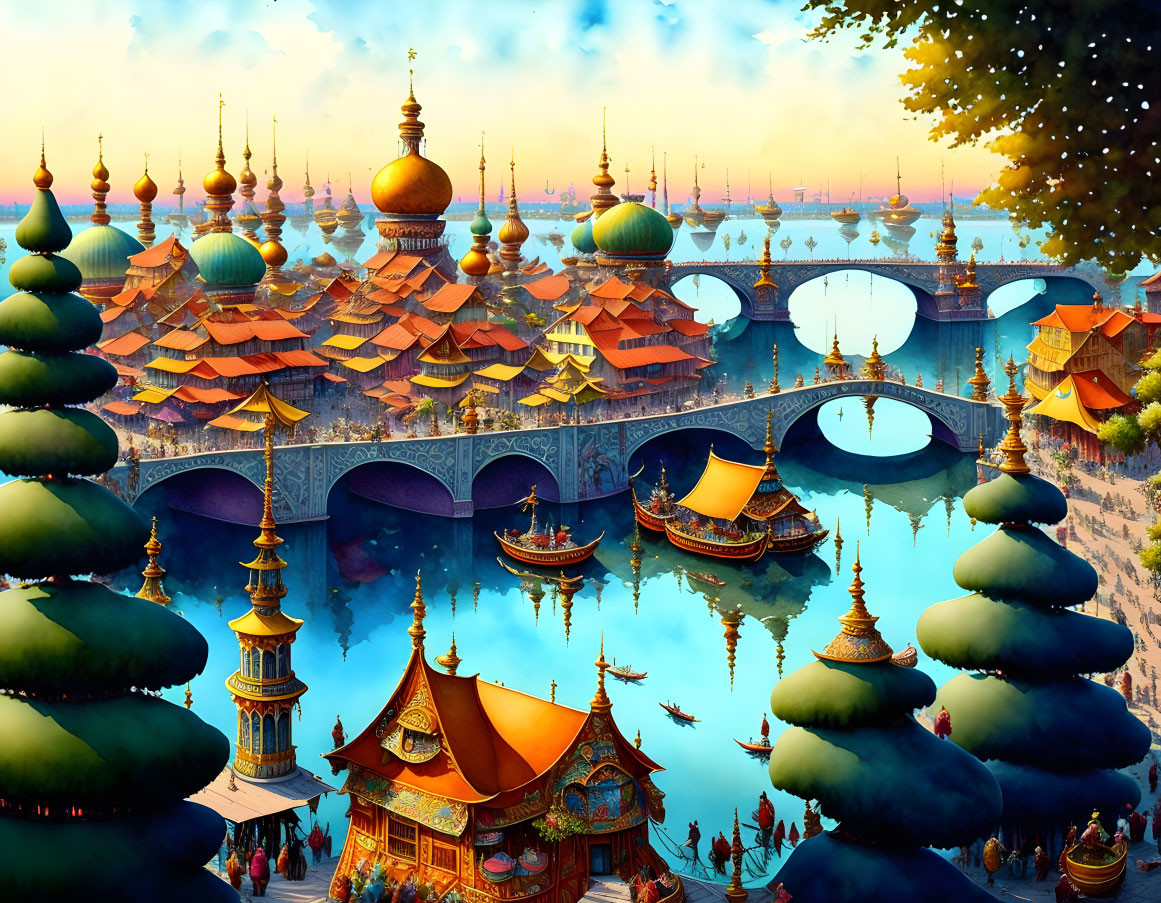 Fantastical landscape with ornate buildings, arched bridges, and traditional attire.