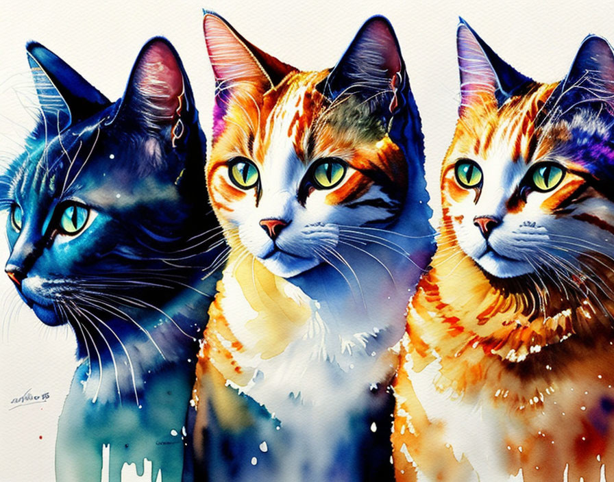 Vivid Watercolor Painted Cats in Blue, Orange, and Yellow