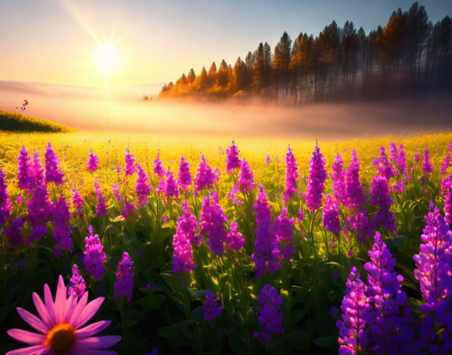 Scenic sunrise over vibrant wildflower meadow and misty forest.