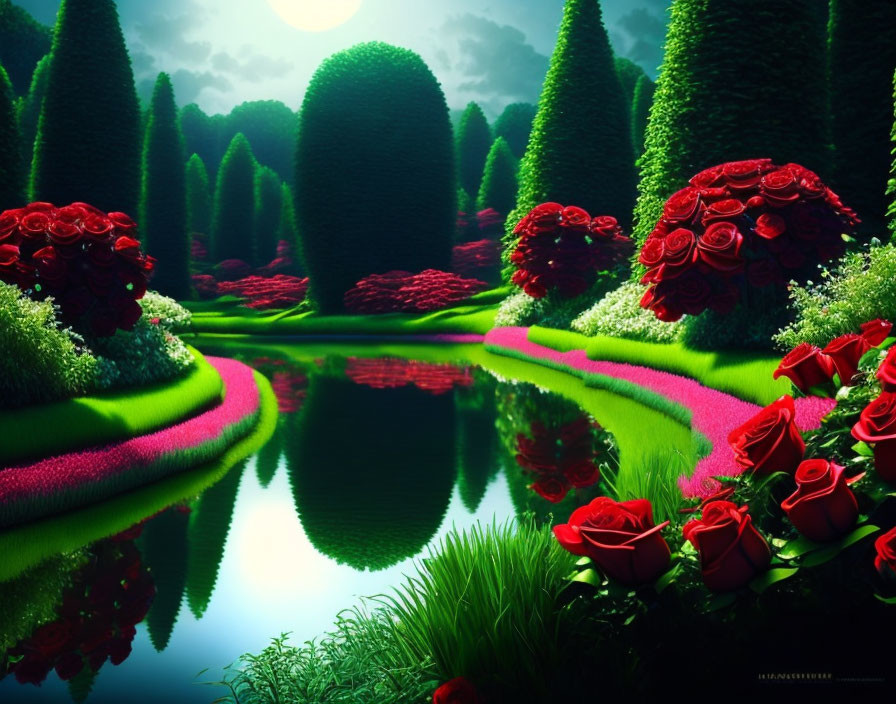 Moonlit garden with topiary, red roses, and reflective pond