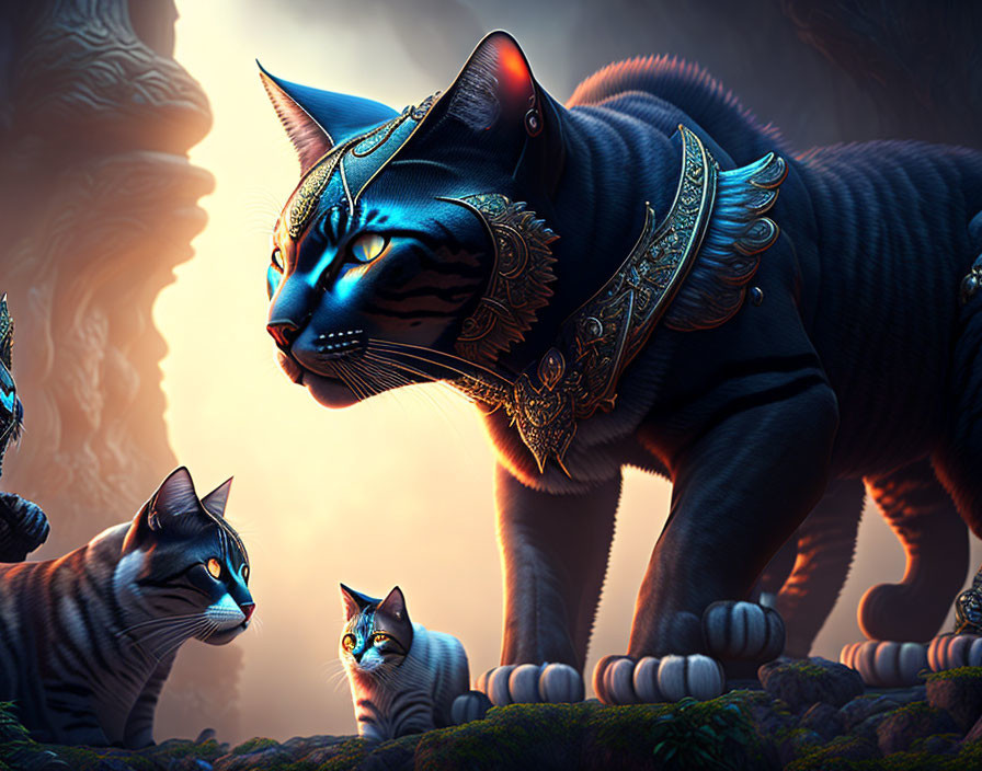 Majestic oversized cat with golden armor leads smaller cats in misty landscape