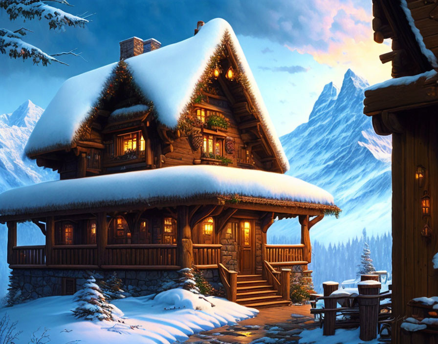 Snow-covered cabin in serene mountain landscape at twilight