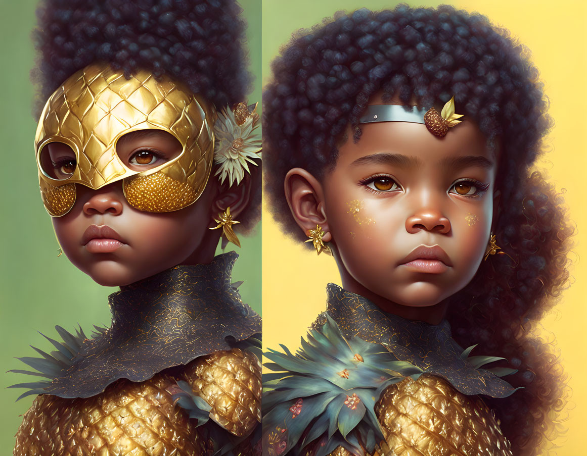 Young girl portraits: one with golden pineapple mask, one without, featuring curly hair and golden accents.