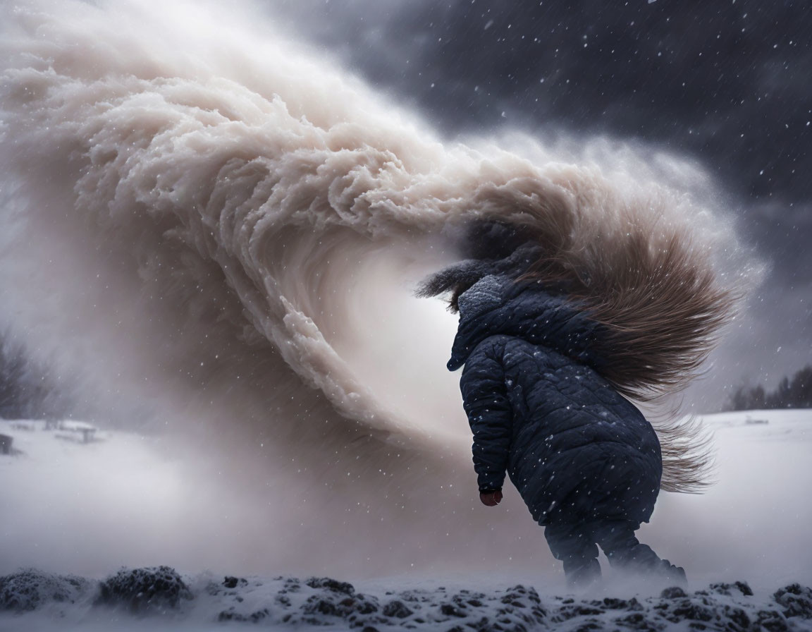 Person in Winter Coat Standing Before Dramatic Wave-Like Clouds in Snowy Landscape