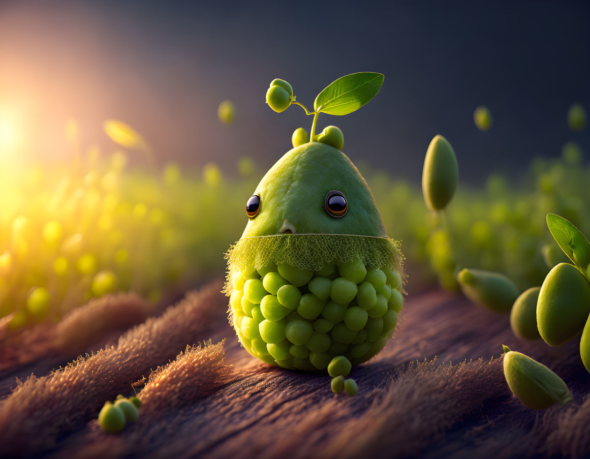 Animated green creature with grape-like features in sunset setting