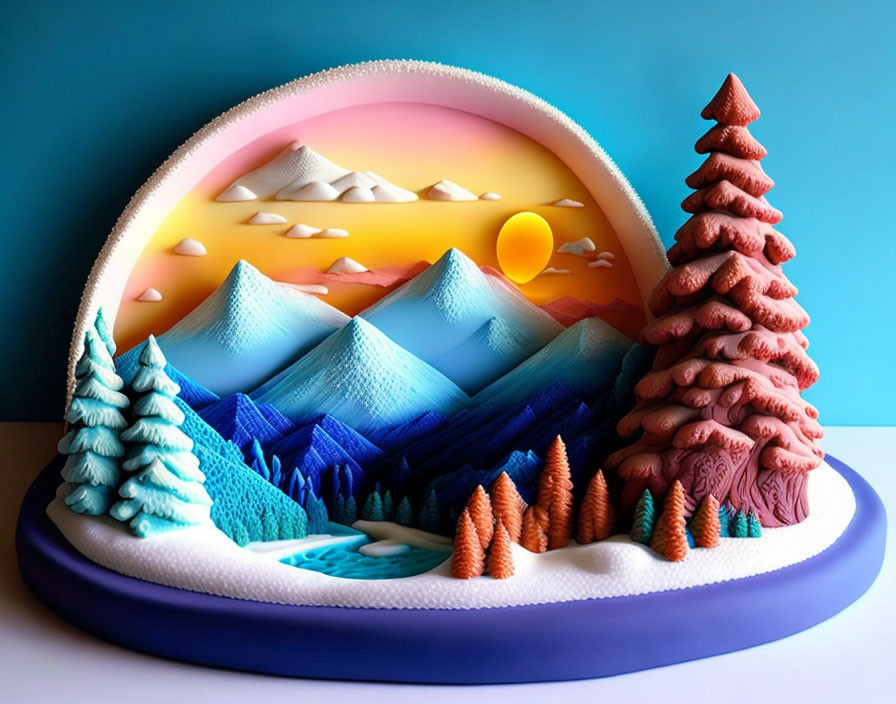 Vibrant 3D paper art diorama with mountains, trees, and sunset sky in oval