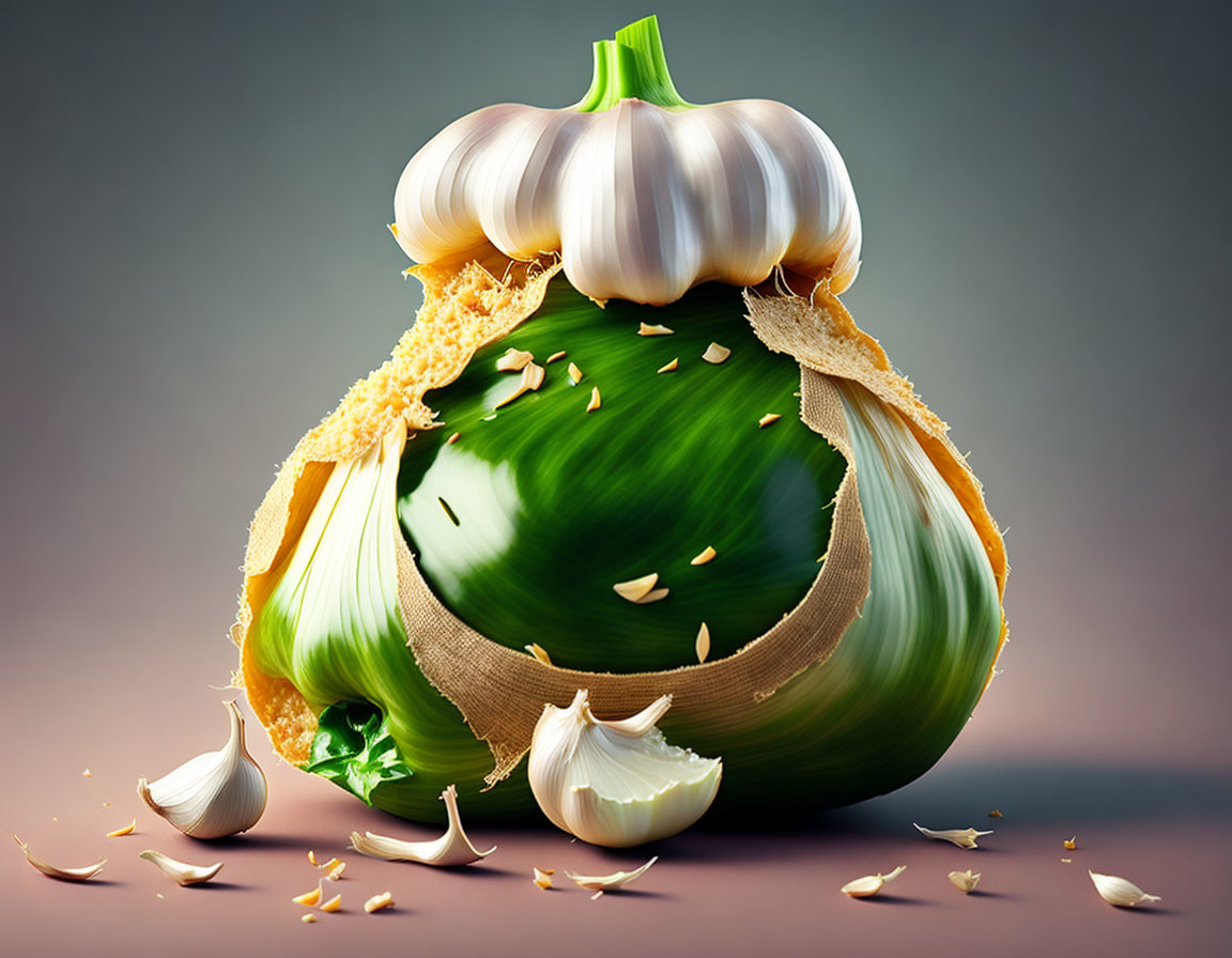 Digitally enhanced garlic bulb with onion elements, showcasing mixed vegetable concept.