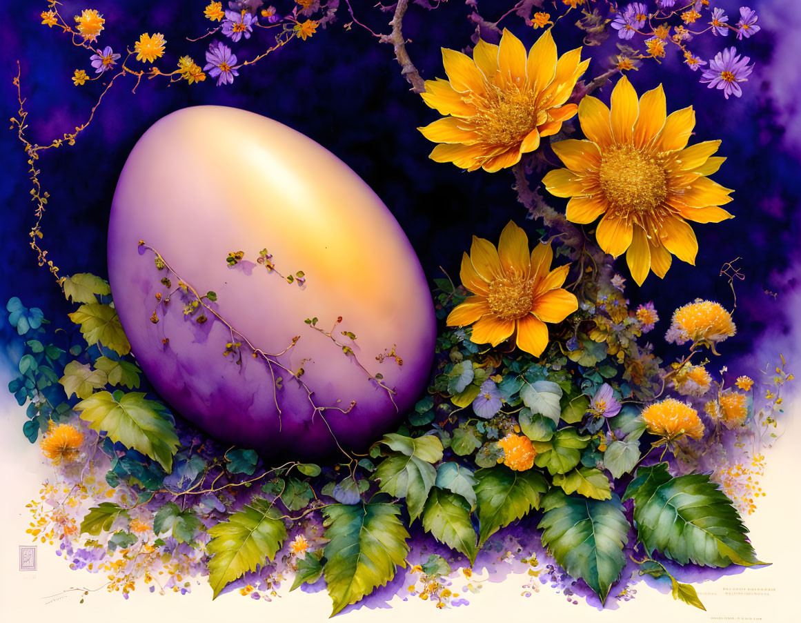 Vibrant purple egg surrounded by flowers and leaves on purple background