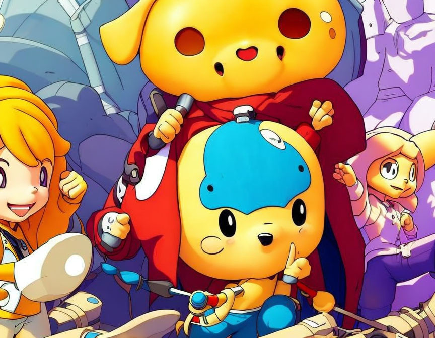 Colorful animated characters in futuristic setting with large yellow creature, blue-clad character, and two smiling