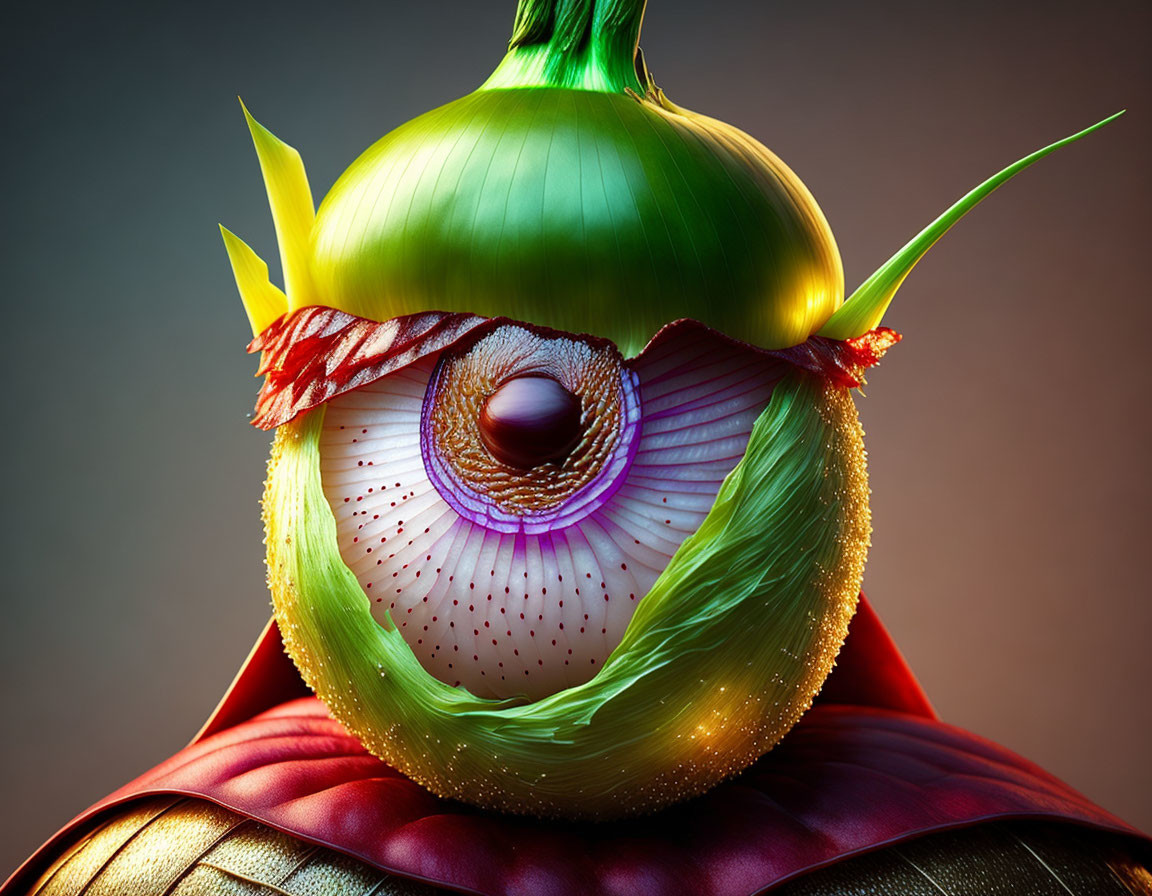 Stylized character: Onion with layered armor skin & detailed eye