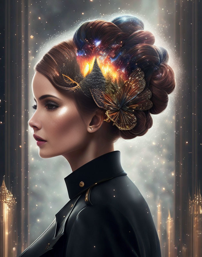 Cosmic-themed hairstyle blending with night cityscape in vivid colors