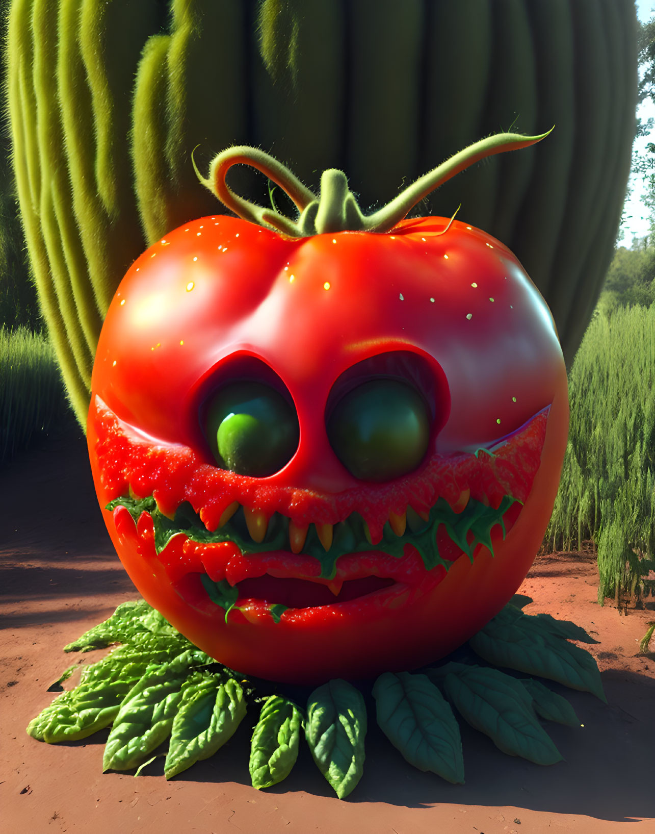 Oversized cartoonish tomato with googly eyes in garden scene