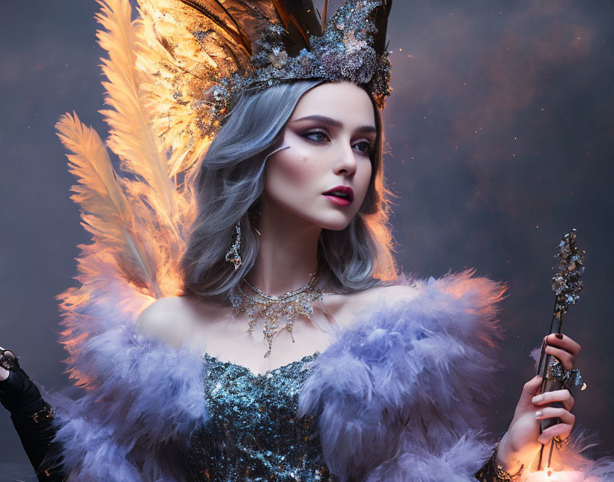 Fantasy queen with feathered headdress and regal scepter