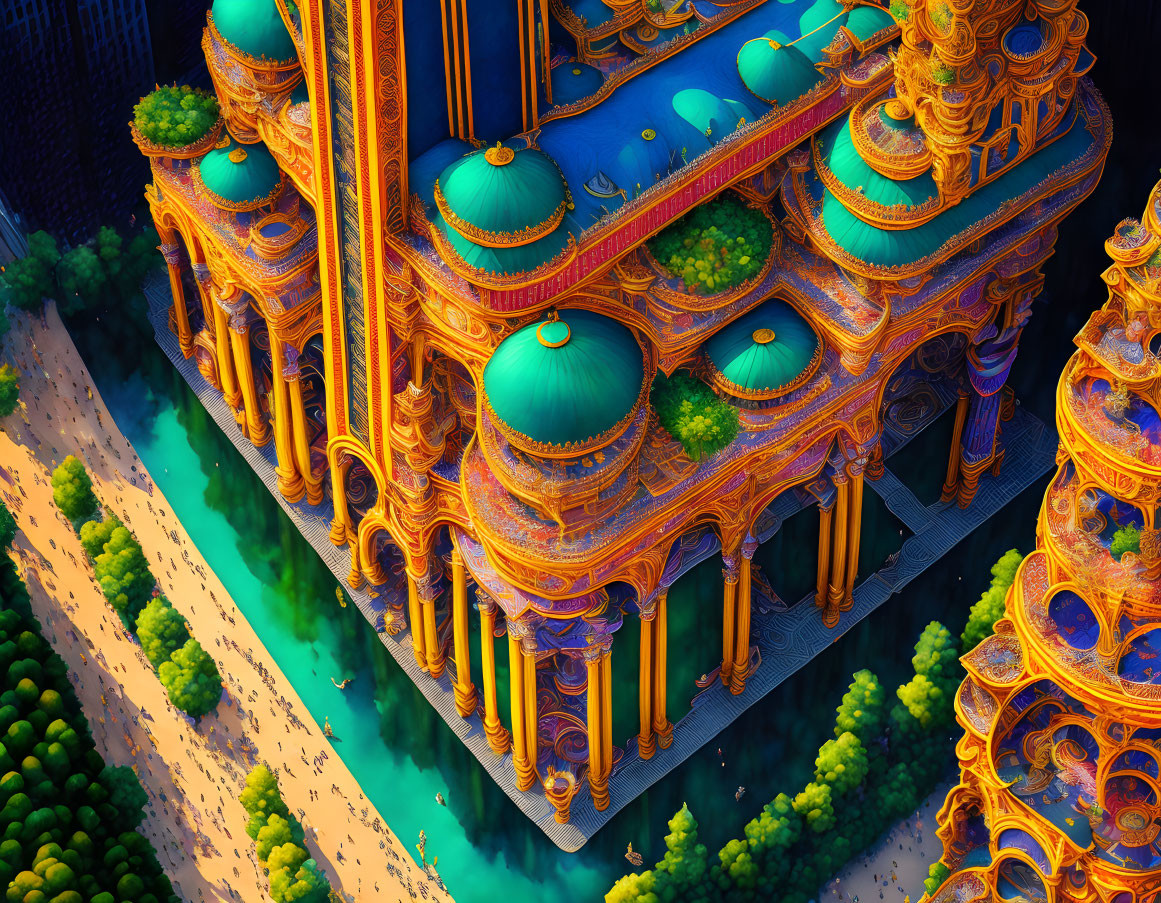 Fantasy palace with turquoise domes and orange-gold detailing amid lush green forests