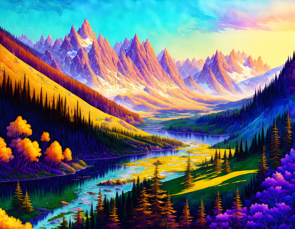 Colorful Valley Landscape with River, Trees, and Mountains under Blue and Purple Sky