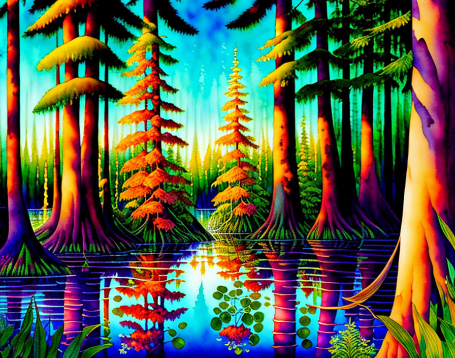 Colorful Psychedelic Forest with Neon Trees & Water Reflections