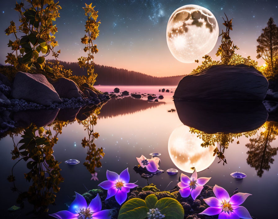 Detailed Moon Reflected on Calm Lake with Rocks, Flowers, Starry Sky, and Dusk