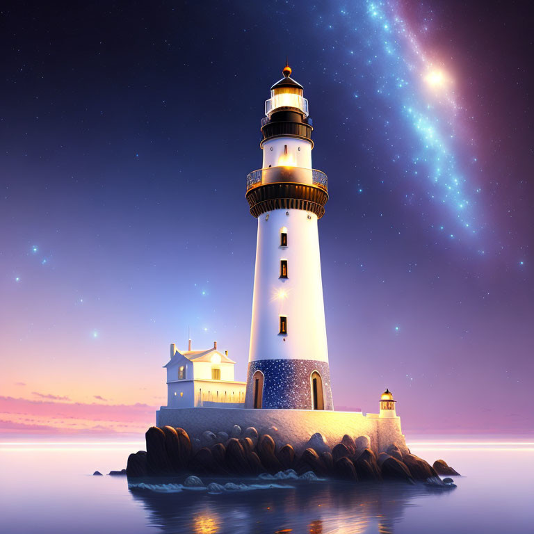 Rocky islet lighthouse at dusk with celestial body and beaming light