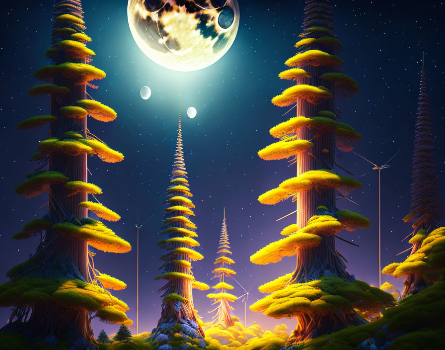 Fantastical alien landscape with towering trees under starry sky