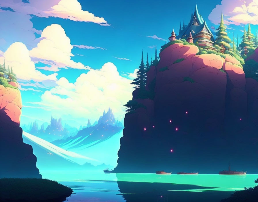 Fantasy landscape with castle, pink orbs, serene waters, boats, mountains, and blue sky