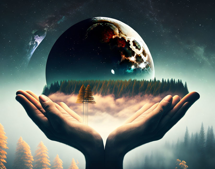 Surreal image: Hands cradle forest under giant moon, comet in starry sky