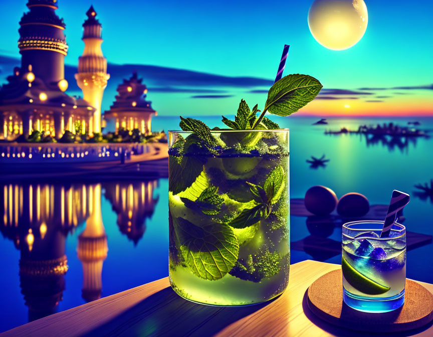 Refreshing cocktails on wooden railing with sunset, calm water, and illuminated building.