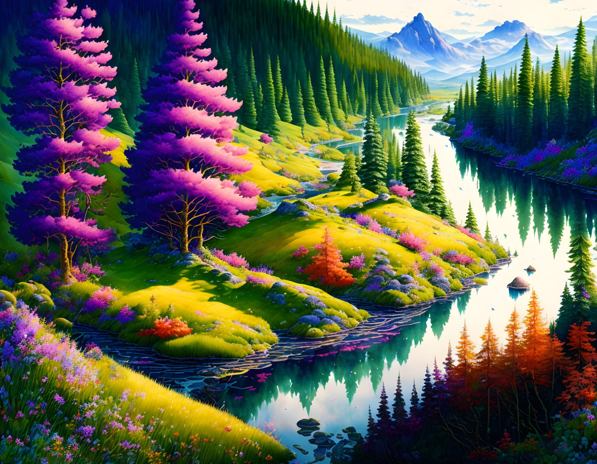 Colorful landscape with winding river, pink trees, and distant mountains