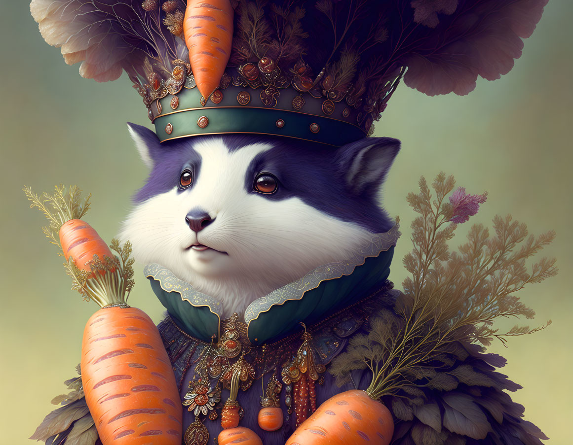 Regal cat illustration with carrot crown and ornate attire