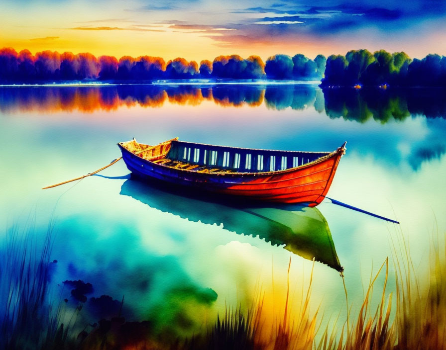 Tranquil lake scene: red boat and colorful forest reflections