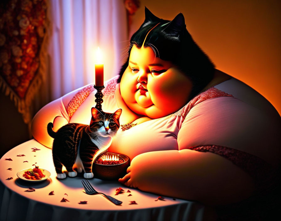 Stylized image of large person, cat, candle, meal, rose petals