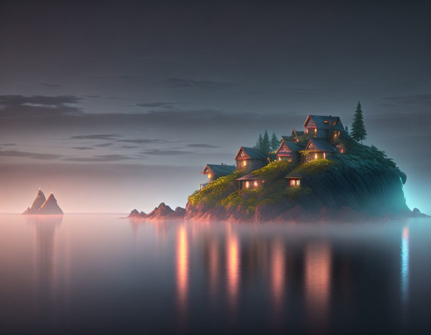 Hilltop village with illuminated houses at dusk reflected in calm water