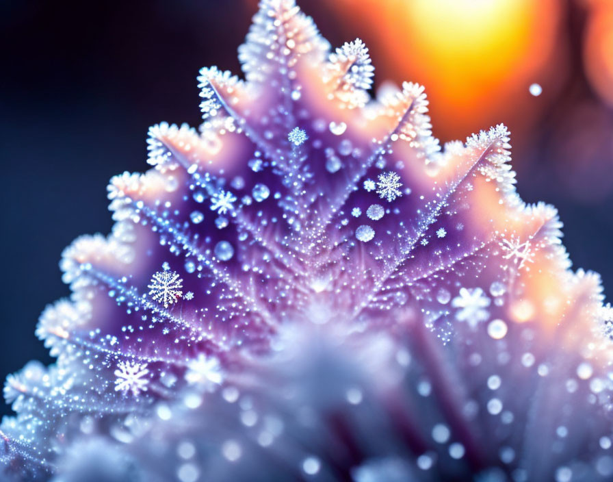 Close-up of frost-covered pine needles with snowflakes and warm background light