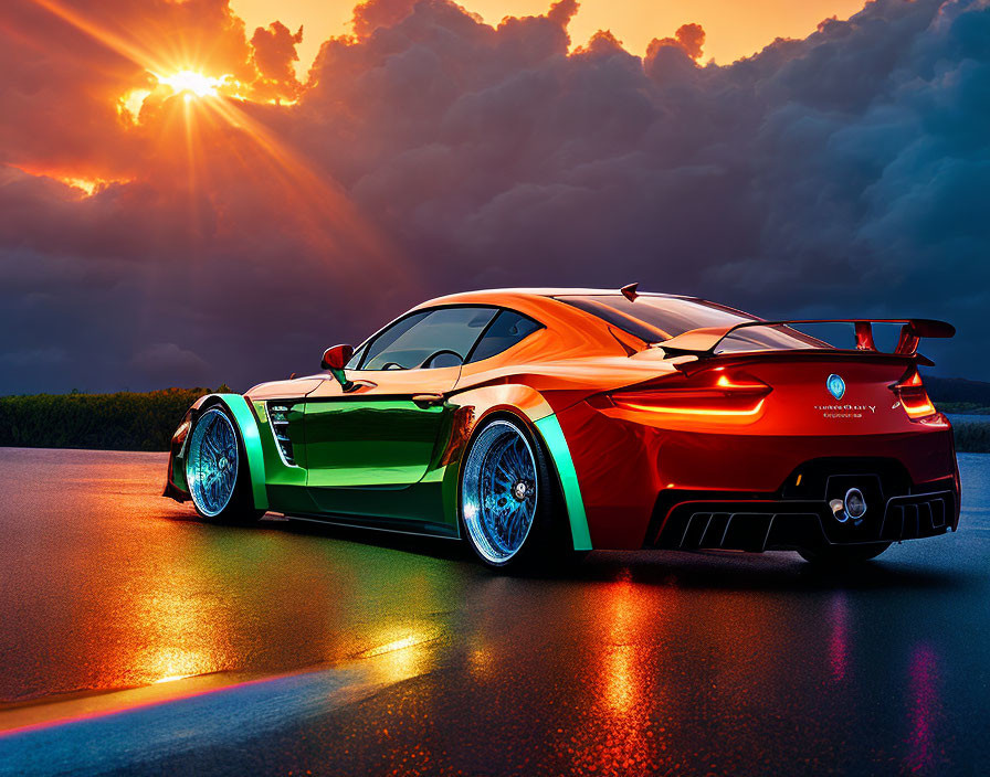 Vibrantly colored sports car under dramatic sunset and dark clouds