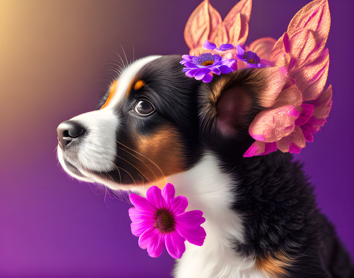 Bernese Mountain Dog Puppy with Purple Flowers and Leaves on Head