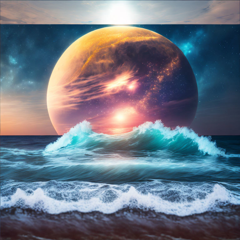 Surreal seascape with glowing waves and fantastical planet in starry sky