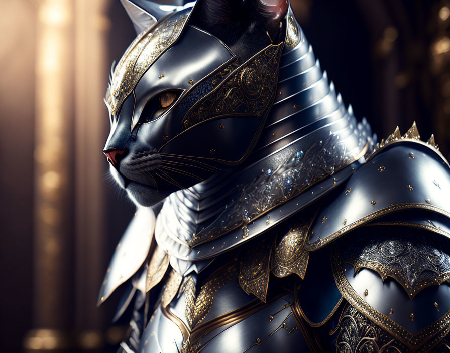 Cat in Medieval Armor with Gold Designs and Human-like Features