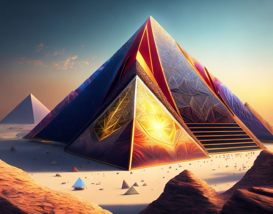 Colorful digital art: Stylized pyramids in glowing desert landscape